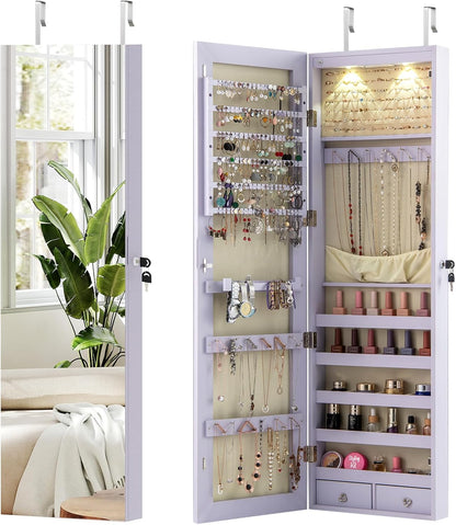 Jewelry Cabinet Wall Door Mounted, 47.5” Frameless Full Length Mirror with Storage & LED Lights