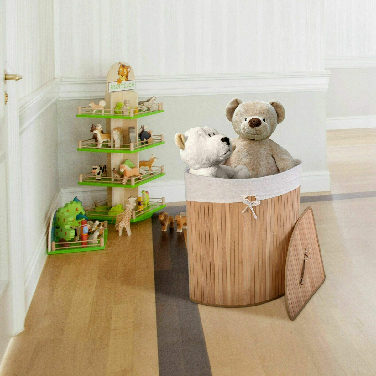 Goflame Corner Laundry Hamper with Lid, Bamboo Laundry Basket with Removable Liner and Handle