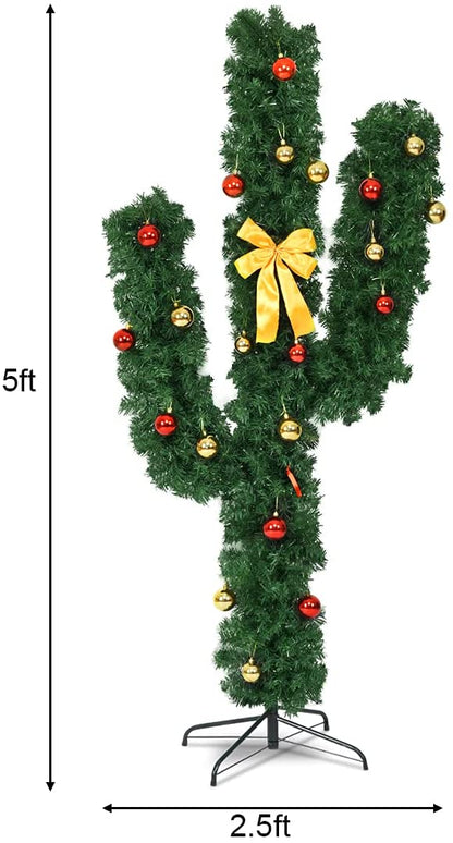 Pre-Lit Artificial Cactus Christmas Tree with LED Lights and Ball Ornaments - Goflame