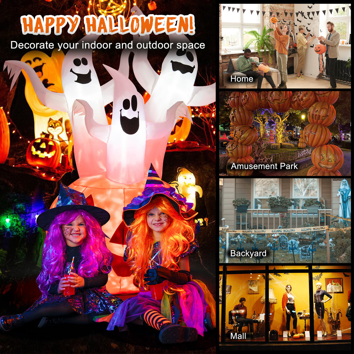 6FT Halloween Inflatable 3 Ghosts in Pumpkin, Blow Up Yard Decoration with Built-in LED Lights & Blower