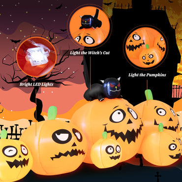 8FT Long Halloween Inflatable Pumpkin, 4 Pumpkins Patch Halloween Decoration with Black Cat and Built-in LED Lights