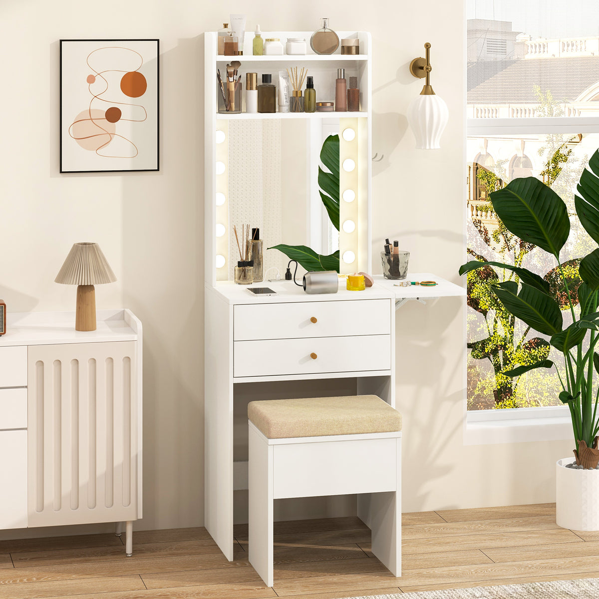 Small Makeup Vanity Set with Mirror and Lights, Modern Compact Vanity Desk Set with Charging Station