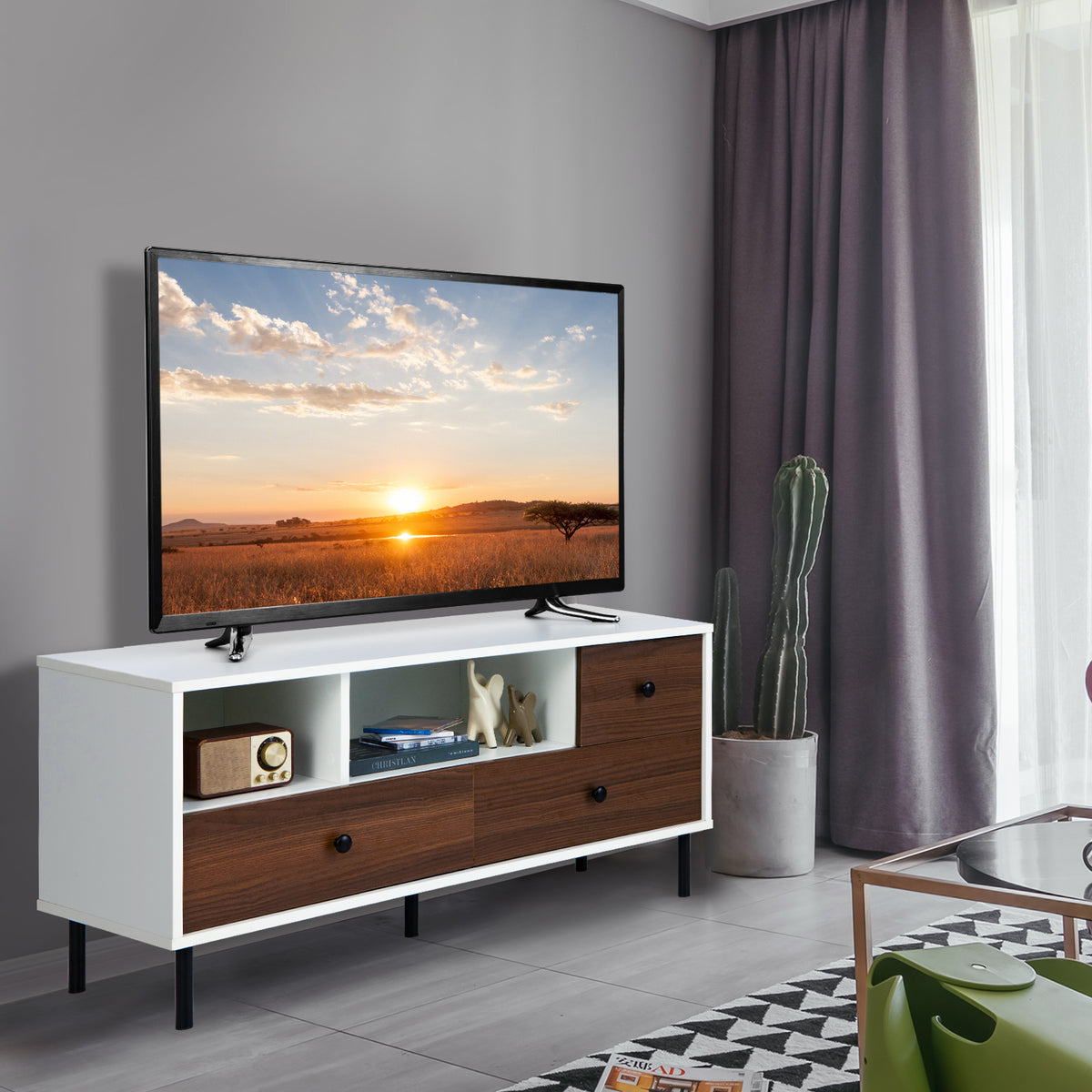 TV Stand for TV up to 50 Inch, Modern Entertainment Center with 3 Drawers & 2 Open Storage Shelves