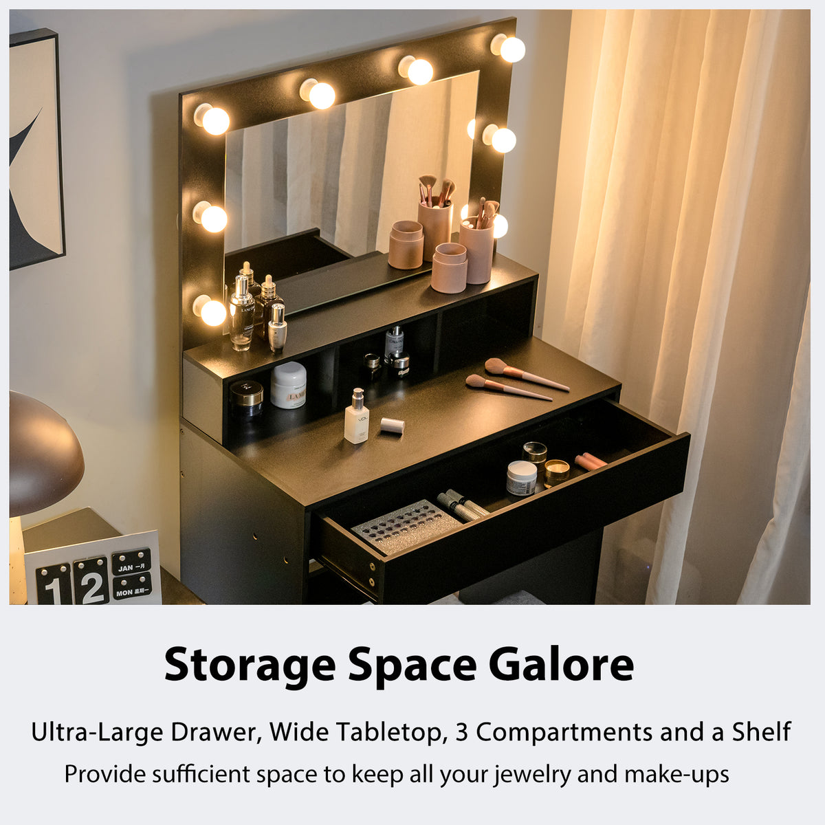 Vanity Table Set with Lighted Mirror, Makeup Dressing Desk with LED Lights