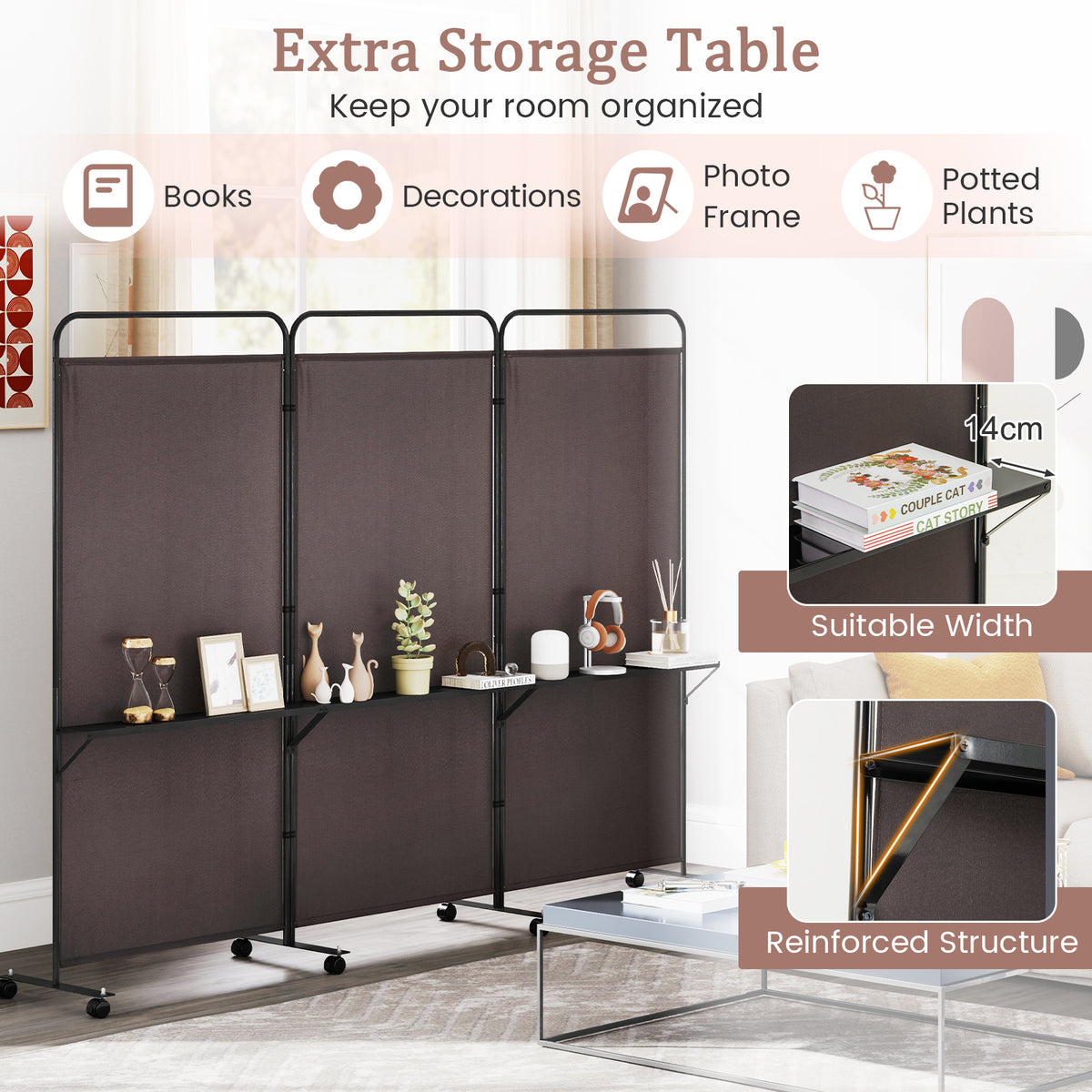 3 Panel Room Divider with Storage Shelves, 6FT Folding Privacy Screen with Lockable Wheels