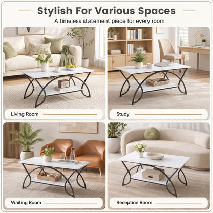 Industrial Coffee Table, 2-Tier Rectangular Center Table with Storage Shelf