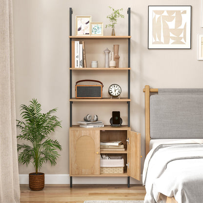 72.5'' Tall Bookshelf with Cabinet, 4-Tier Wall Mount Ladder Shelf with Rattan Cabinet