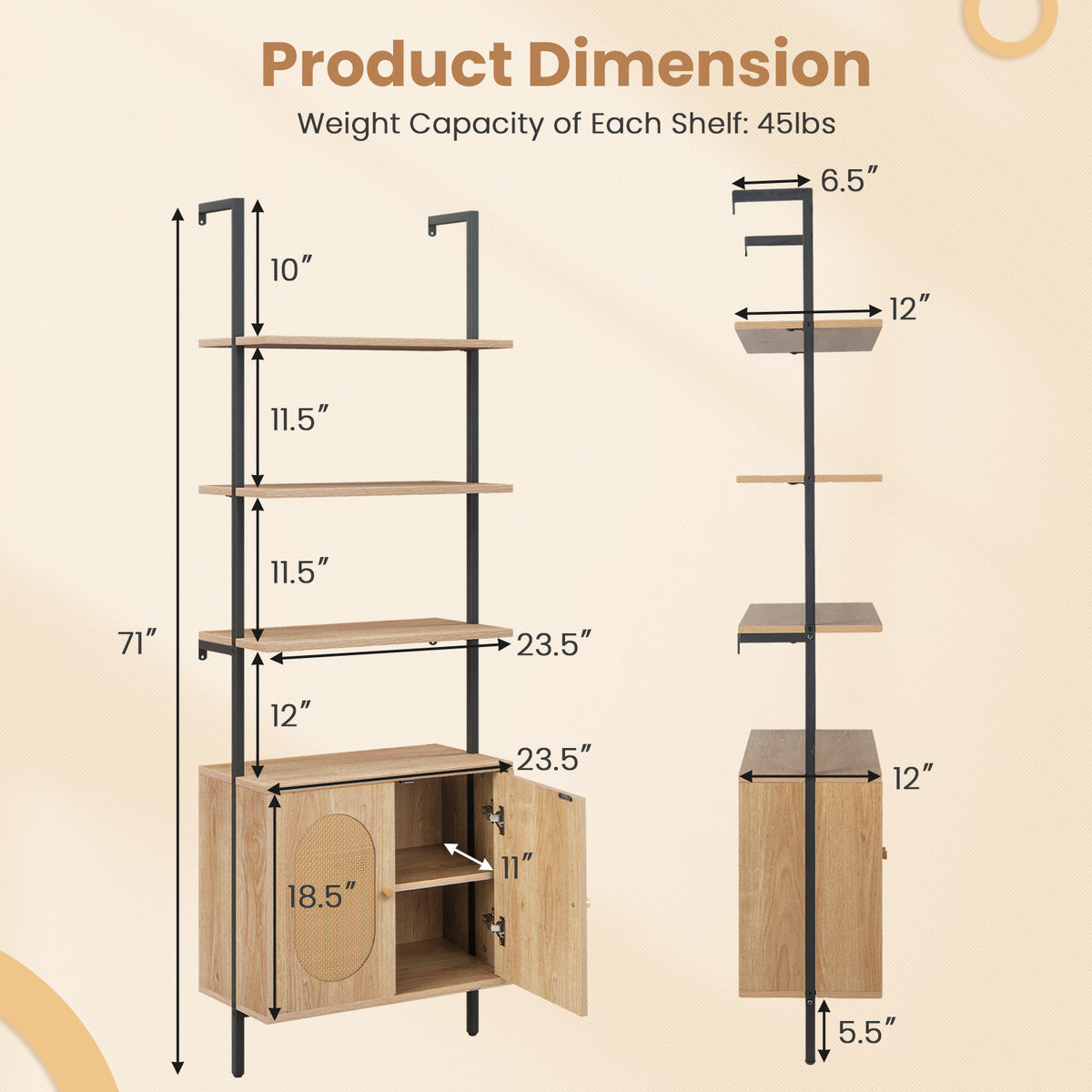 72.5'' Tall Bookshelf with Cabinet, 4-Tier Wall Mount Ladder Shelf with Rattan Cabinet