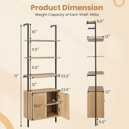 72.5'' Tall Bookshelf with Cabinet, 4-Tier Wall Mount Ladder Shelf with Rattan Cabinet