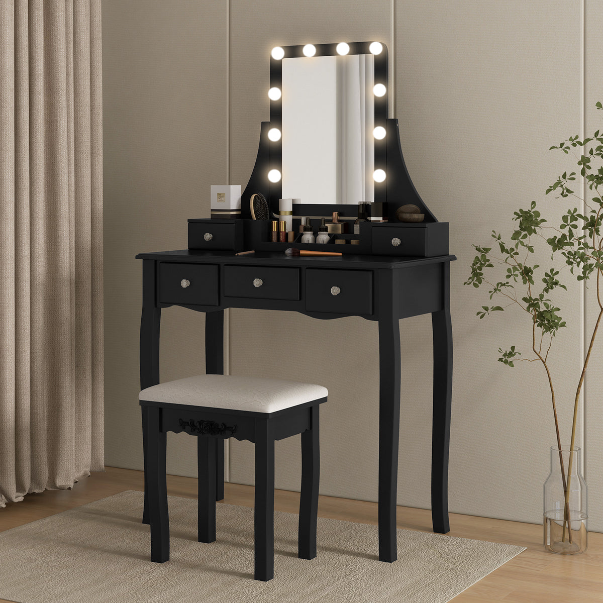 Vanity Table Set with Lighted Rotatable Mirror, Makeup Table with 3-Color Lights