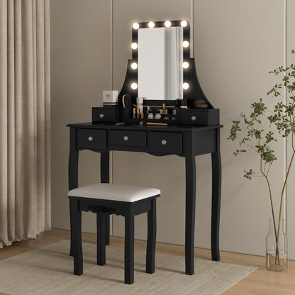 Vanity Table Set with Lighted Rotatable Mirror, Makeup Table with 3-Color Lights