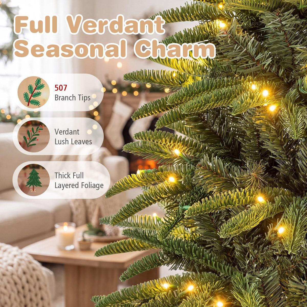 GOFLAME 5FT/6FT/7FT/8FT Pre-lit Christmas Tree | Holiday Decoration Tree with Warm White LED Lights