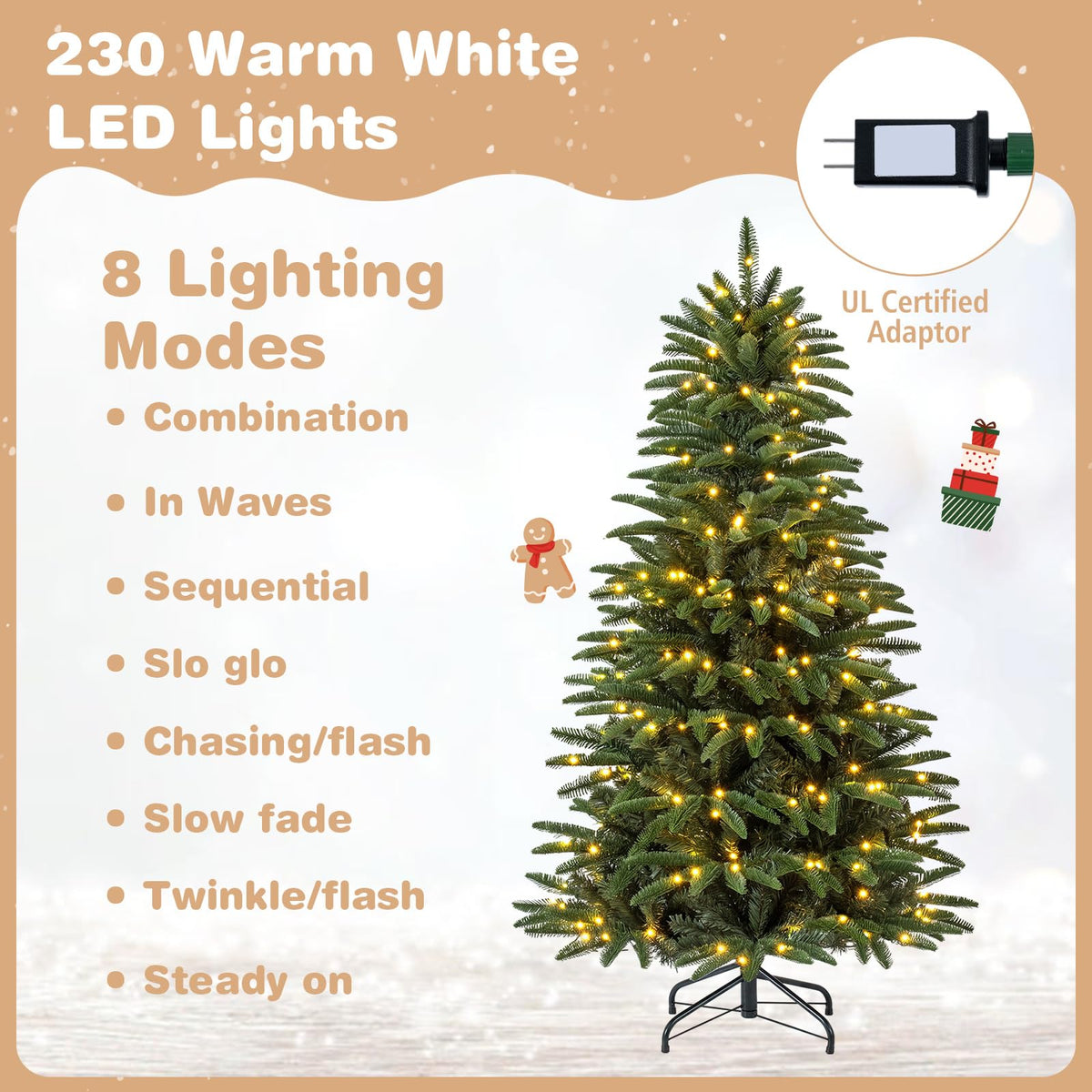 GOFLAME 5FT/6FT/7FT/8FT Pre-lit Christmas Tree | Holiday Decoration Tree with Warm White LED Lights
