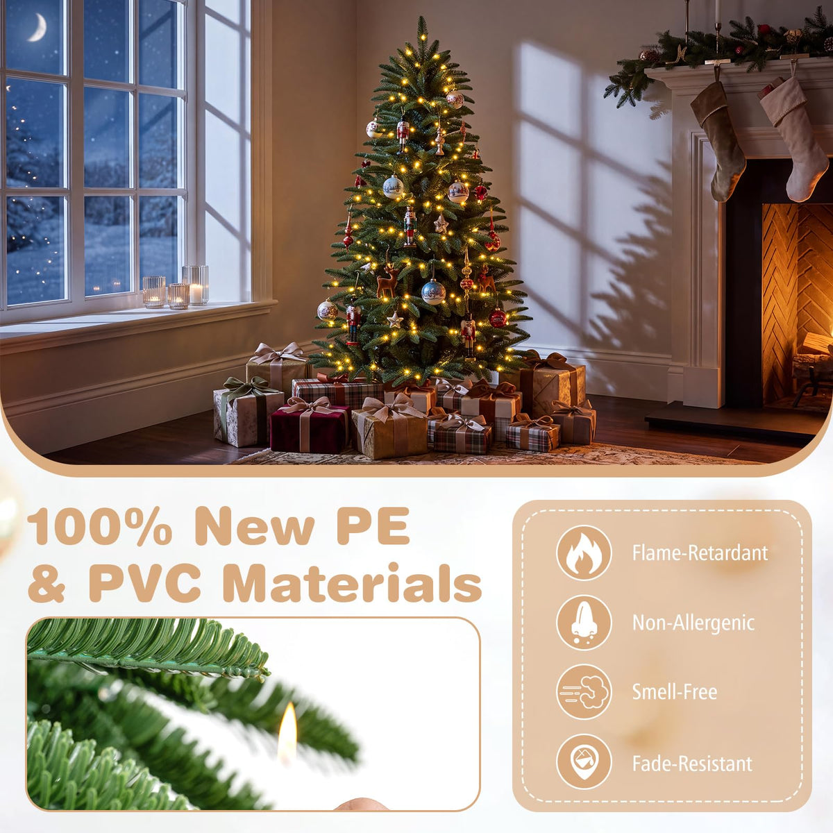 GOFLAME 5FT/6FT/7FT/8FT Pre-lit Christmas Tree | Holiday Decoration Tree with Warm White LED Lights