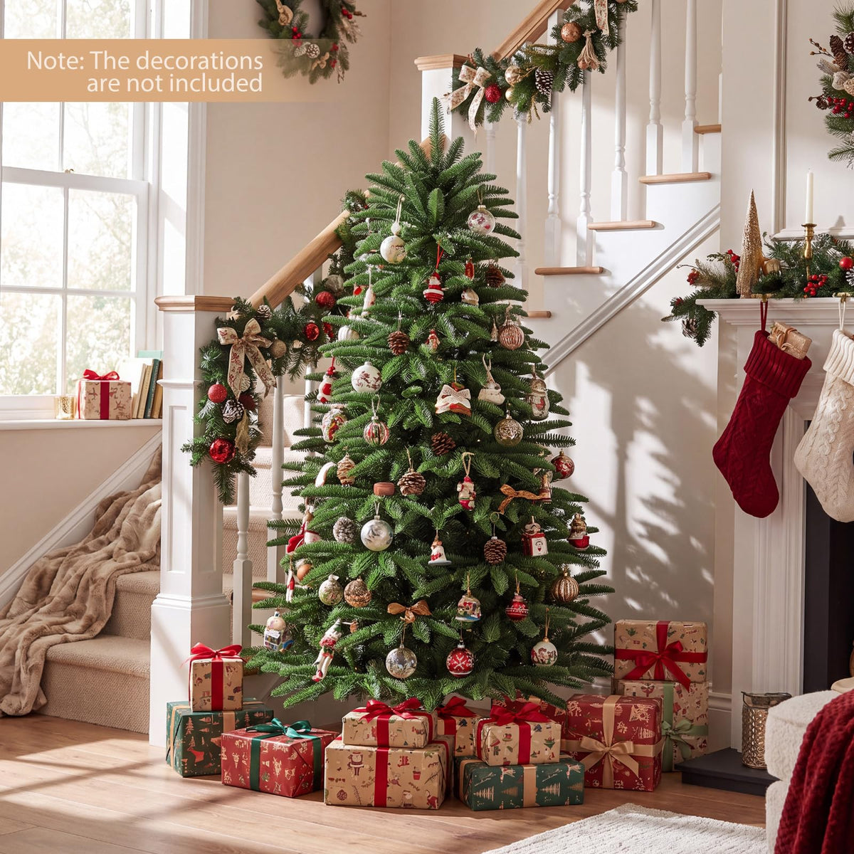 GOFLAME 5FT/6FT/7FT/8FT Pre-lit Christmas Tree | Holiday Decoration Tree with Warm White LED Lights