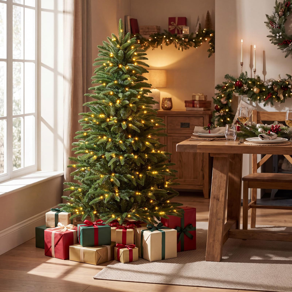 GOFLAME 5FT/6FT/7FT/8FT Pre-lit Christmas Tree | Holiday Decoration Tree with Warm White LED Lights
