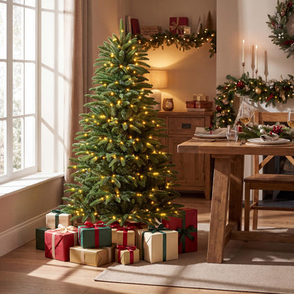 GOFLAME 5FT/6FT/7FT/8FT Pre-lit Christmas Tree | Holiday Decoration Tree with Warm White LED Lights