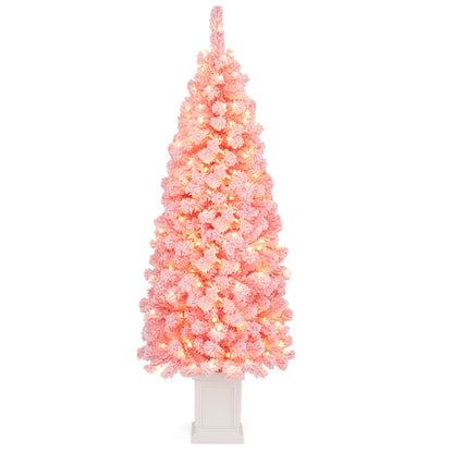 GOFLAME 4FT/5FT Pre-lit Potted Christmas Tree | Snow Flocked Pink Christmas Tree