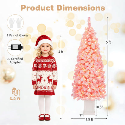 GOFLAME 4FT/5FT Pre-lit Potted Christmas Tree | Snow Flocked Pink Christmas Tree