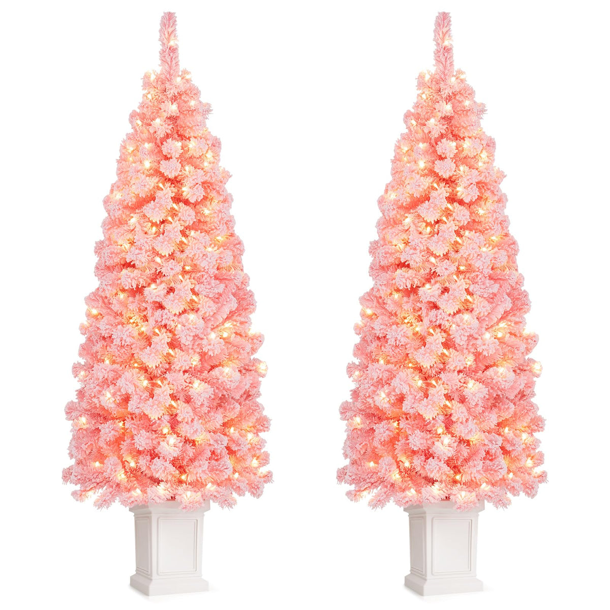GOFLAME 4FT/5FT Pre-lit Potted Christmas Tree | Snow Flocked Pink Christmas Tree