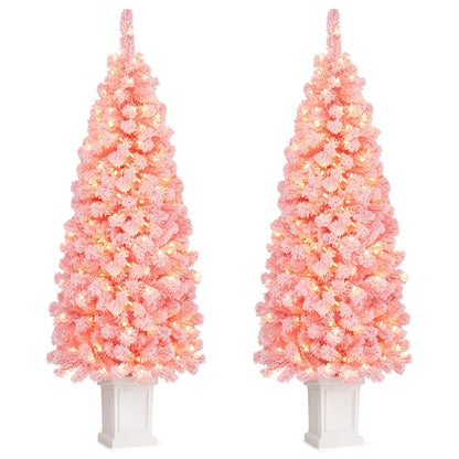 GOFLAME 4FT/5FT Pre-lit Potted Christmas Tree | Snow Flocked Pink Christmas Tree