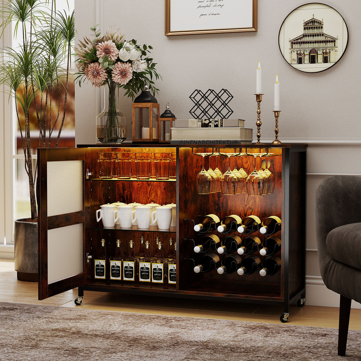 Wine Bar Cabinet with Wheels and LED Lights, Industrial Coffee Bar Cabinet for Liquor