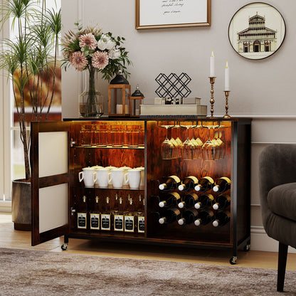 Wine Bar Cabinet with Wheels and LED Lights, Industrial Coffee Bar Cabinet for Liquor