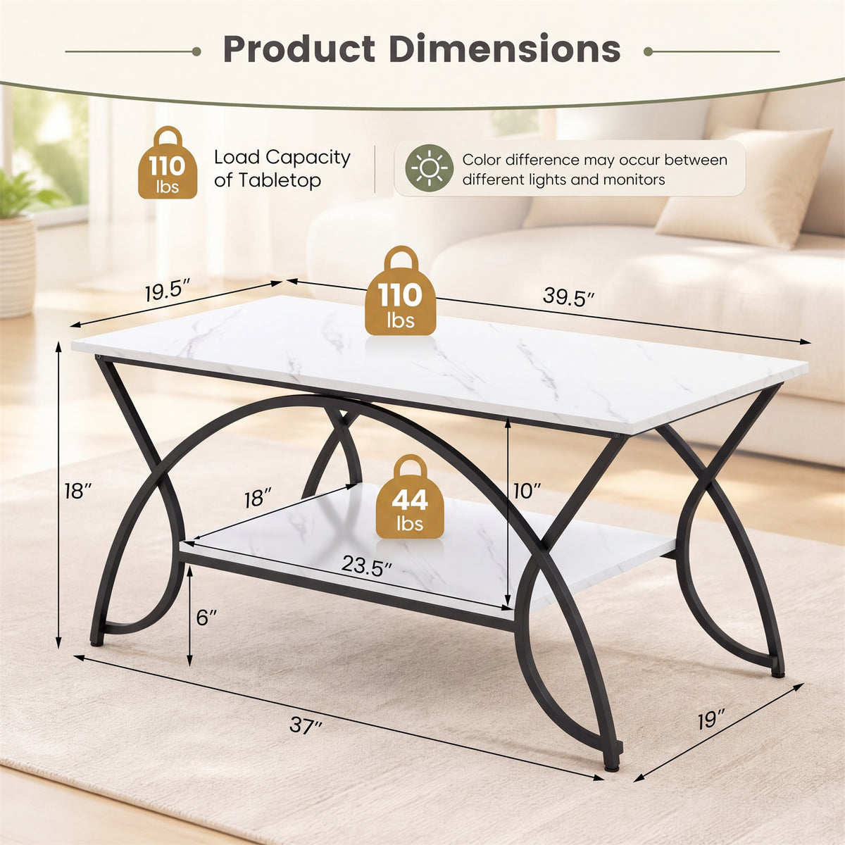 Industrial Coffee Table, 2-Tier Rectangular Center Table with Storage Shelf