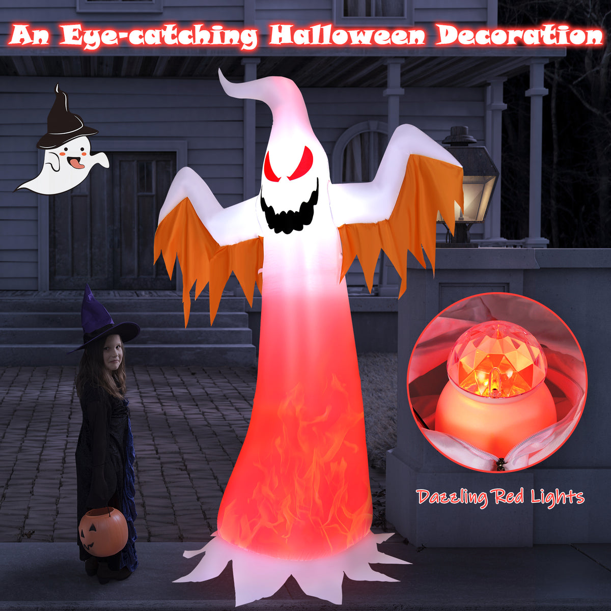 6FT Halloween Inflatable Scary Spooky Ghost, Blow Up Yard Decoration with Built-in Flame Light and Waterproof Blower