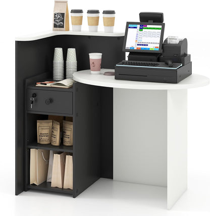 Goflame Reception Desk, Front Counter Desk with Lockable Drawer, Checkout Table with Round Tabletop