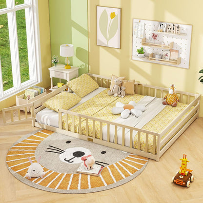 Goflame Floor Bed with Door & Fence Kids Wood Montessori Beds with Safety Guardrails