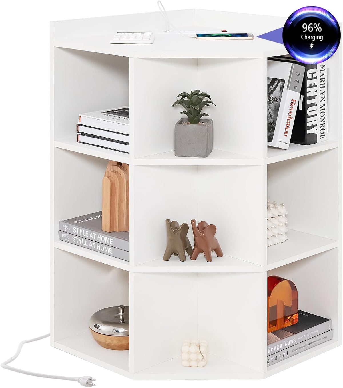 Goflame 3-Tier Corner Cabinet with Charging Station, Corner Shelf with 9 Cubbies, 2 USB Ports & 4 Outlets