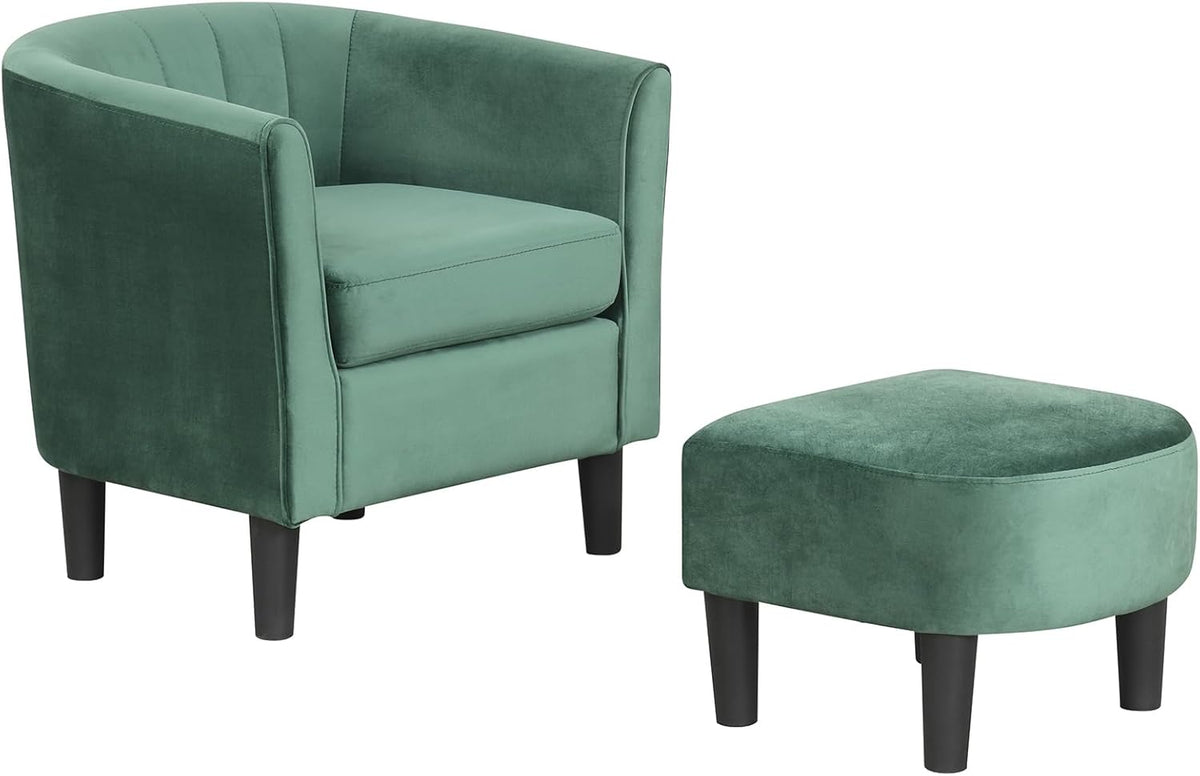 Goflame Modern Accent Chair with Ottoman, Upholstered Teddy Velvet Barrel Club Chair w/Footrest