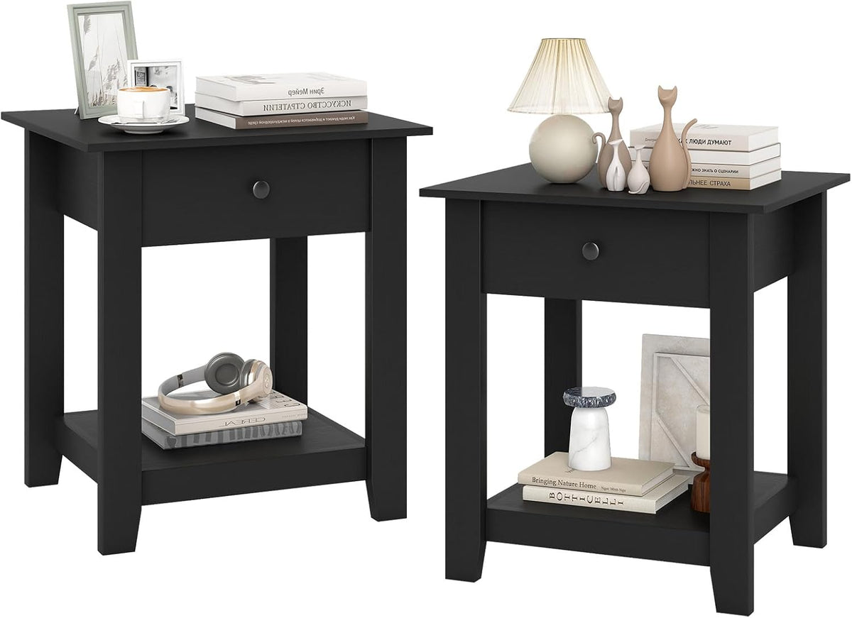 Goflame Nightstand with Drawer 2-Tier Modern Bedside Table with Open Shelf and Storage