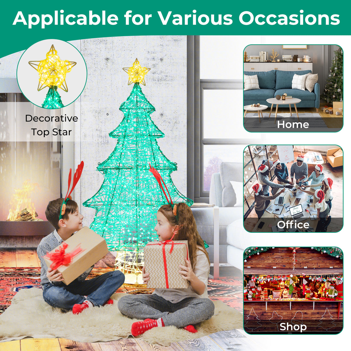 4FT Lighted Christmas Tree with Top Star, Illuminated Christmas Tree Decoration with 520 Warm White LED Lights