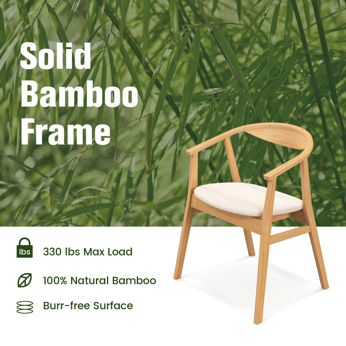 Bamboo Accent Chair, Mid-Century Modern Armchair with Padded Seat, Curved Backrest and Wrap-Around Armrest