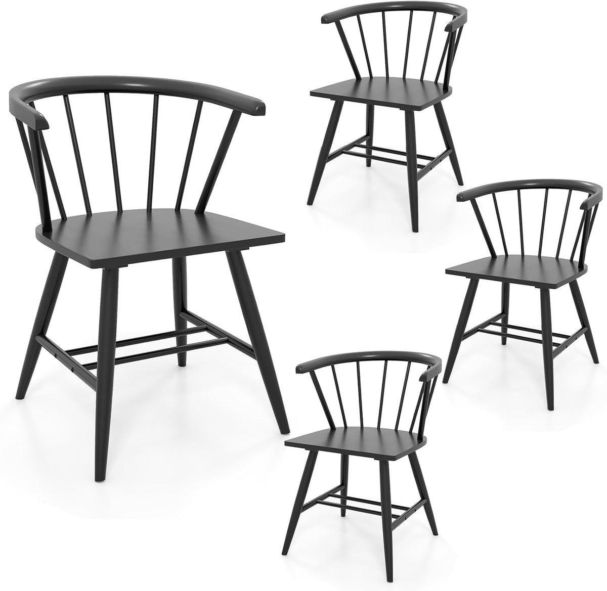 Goflame Windsor Dining Chairs Set of 2/4 Mid-Century Modern Black Kitchen Chairs w/Solid Rubber Wood Frame