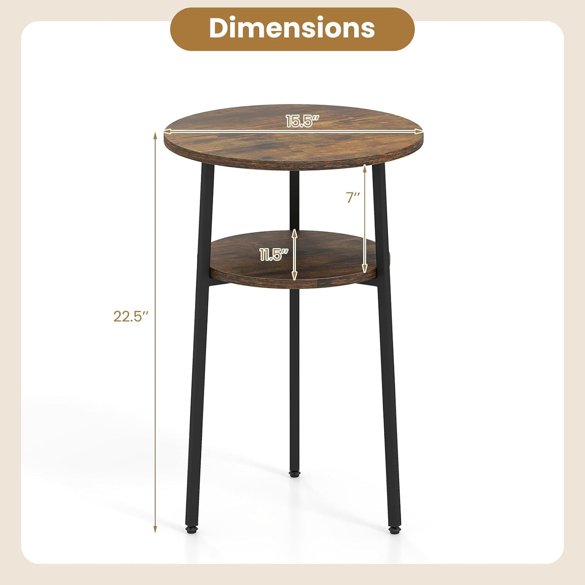 Goflame Round Side Table, 2-Tier End Table w/Metal Frame | Accent Nightstand Bedside Table w/ Storage Shelf for Small Space Sofa Couch Side