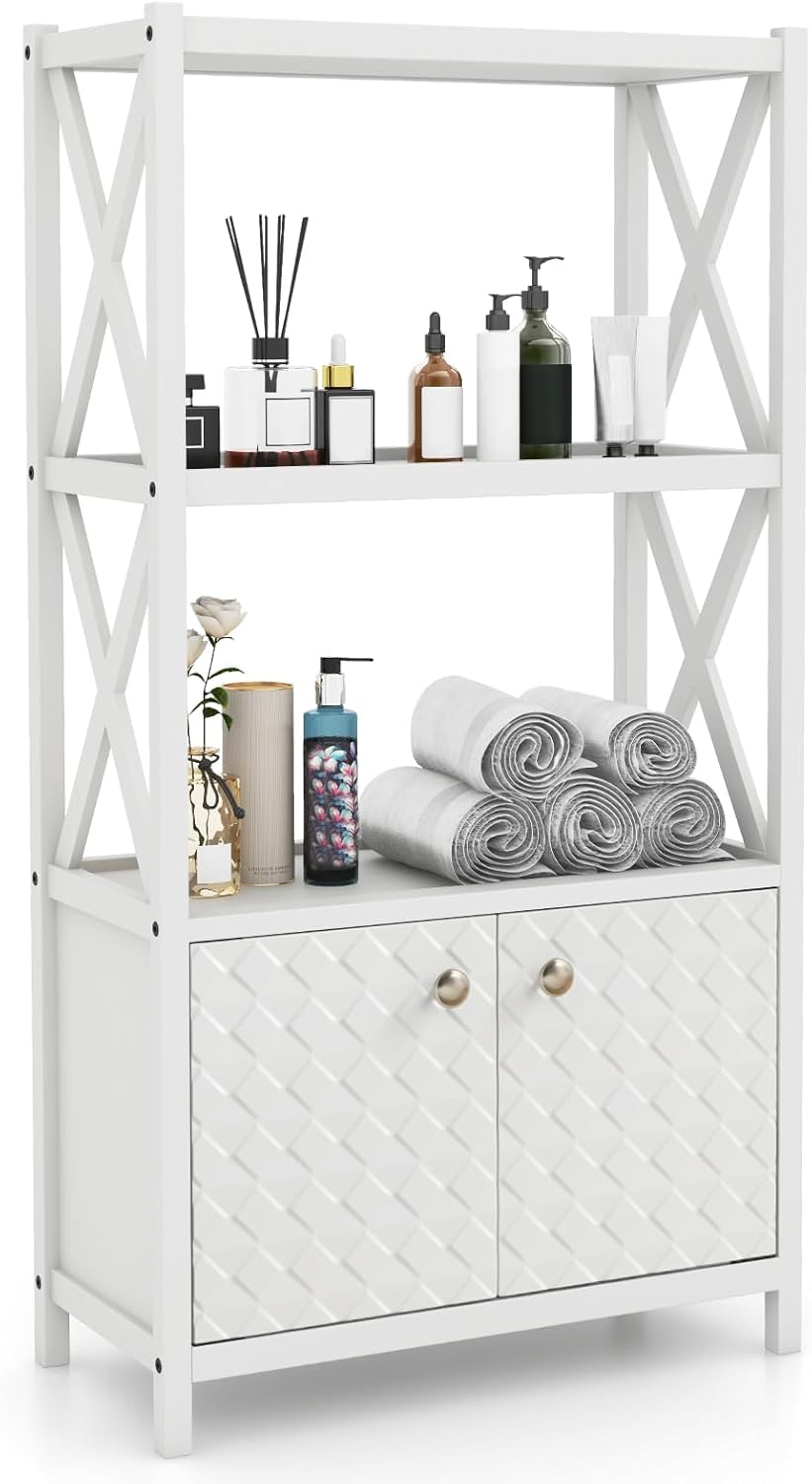 Goflame Storage Cabinet, Freestanding Storage Organizer with Open Shelves, Double Doors