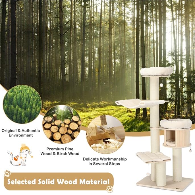 68.5" Wooden Cat Tree Tower, Multi-Tier Tall Cat Activity Tree with Top Plush Perch, Cat Condo, Hammock, Jingling Fur Balls, Platform, Soft Removable Cushions, for Indoor Cats Kittens to Play/Rest