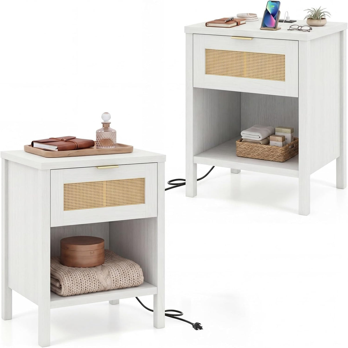 Goflame Rattan Night Stand with Drawer and Open Shelf (1/2)