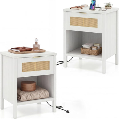 Goflame Rattan Night Stand with Drawer and Open Shelf (1/2)