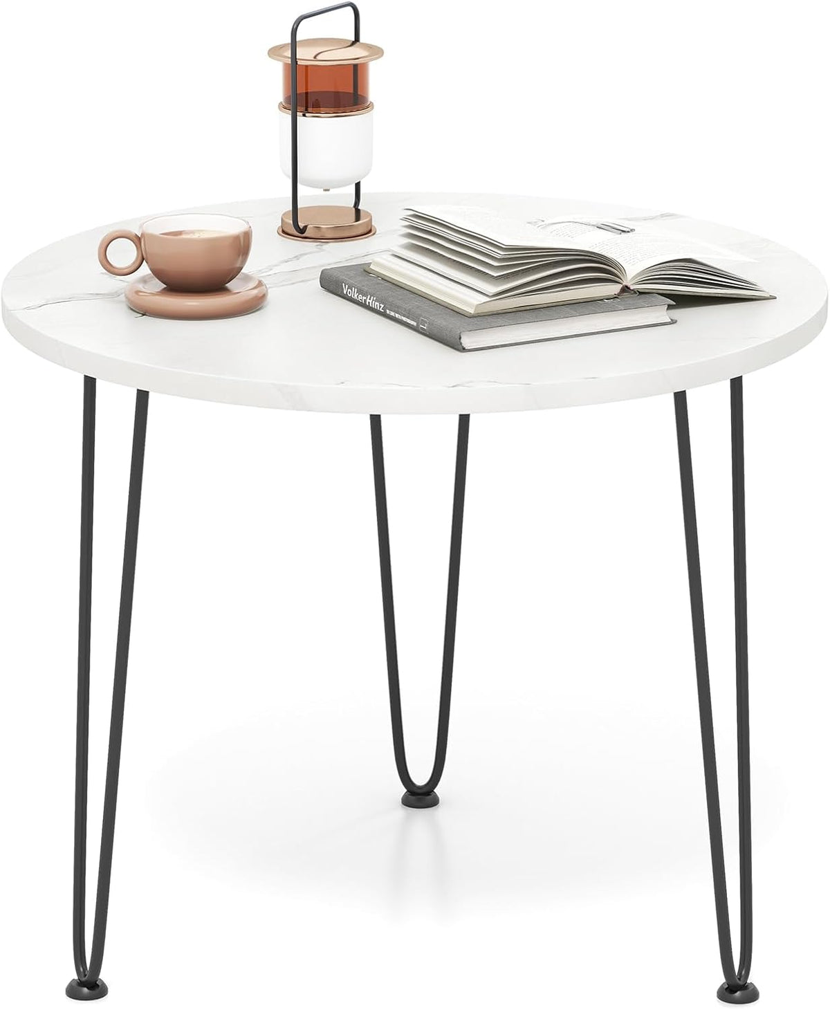 Goflame Round Coffee Table, Faux Marble Center Table with Metal Legs, Sofa Accent Side Table