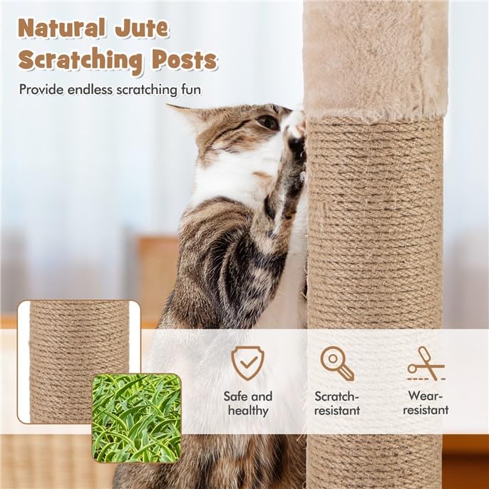 Tall 59" Cat Tree with Sisal Scratching Posts, Cozy Hammock, Washable Cushions, Multi-Level Cat Tower Activity Center for Kittens and Adult Cats Indoor