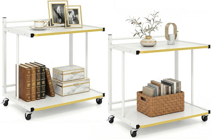 Goflame Mobile C-Shaped End Table - 2-Tier Sofa Couch Bed Side Table w/Open Storage Shelves & Golden Edge Banding