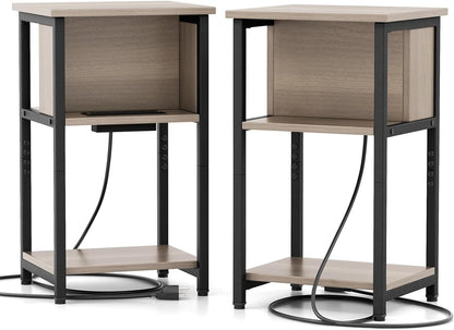 Goflame Nightstand with Charging Station, 3-Tier End Table with USB Ports & Power Outlets