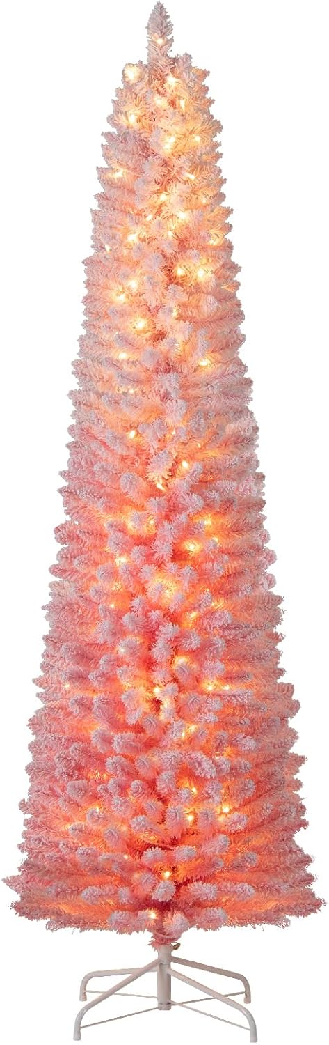 Goflame 6ft / 7ft Pink Slim Pencil Christmas Tree | Pre-lit Snow Flocked Artificial Skinny Xmas Tree