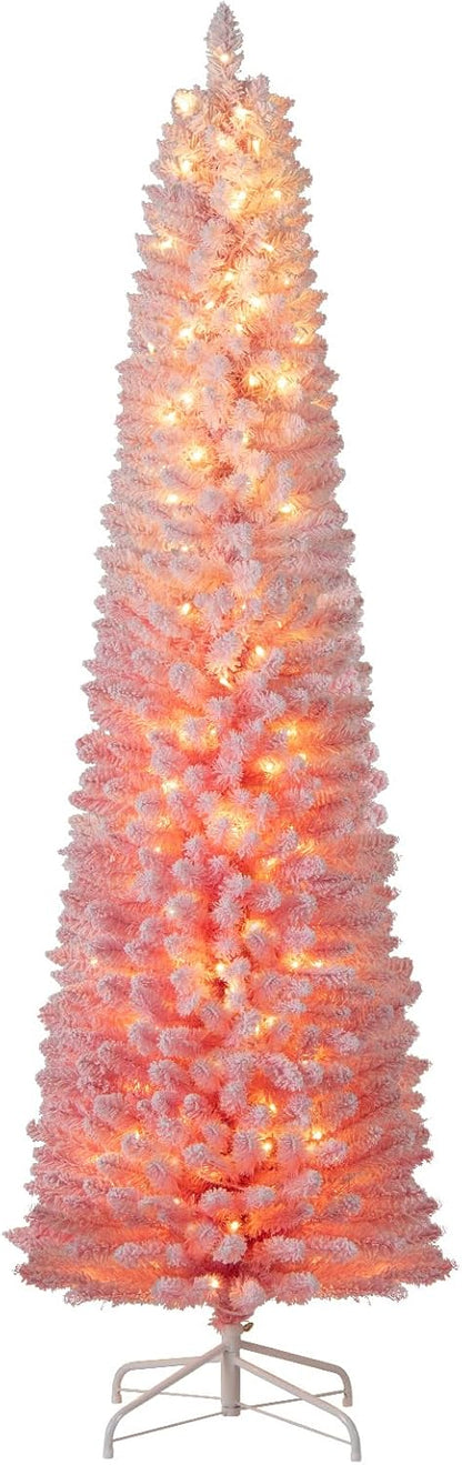 Goflame 6ft / 7ft Pink Slim Pencil Christmas Tree | Pre-lit Snow Flocked Artificial Skinny Xmas Tree
