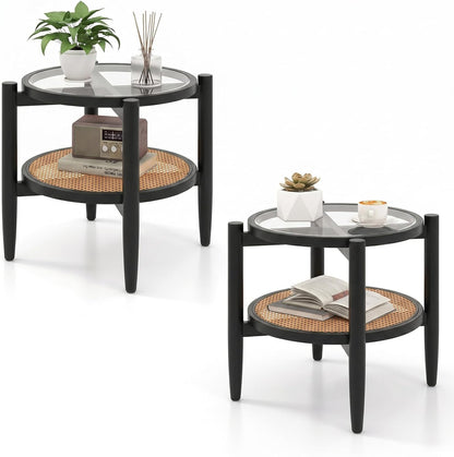 Goflame Rattan Round End Table Walnut Boho Nightstand with Tempered Glass Top and Acacia Wood Legs