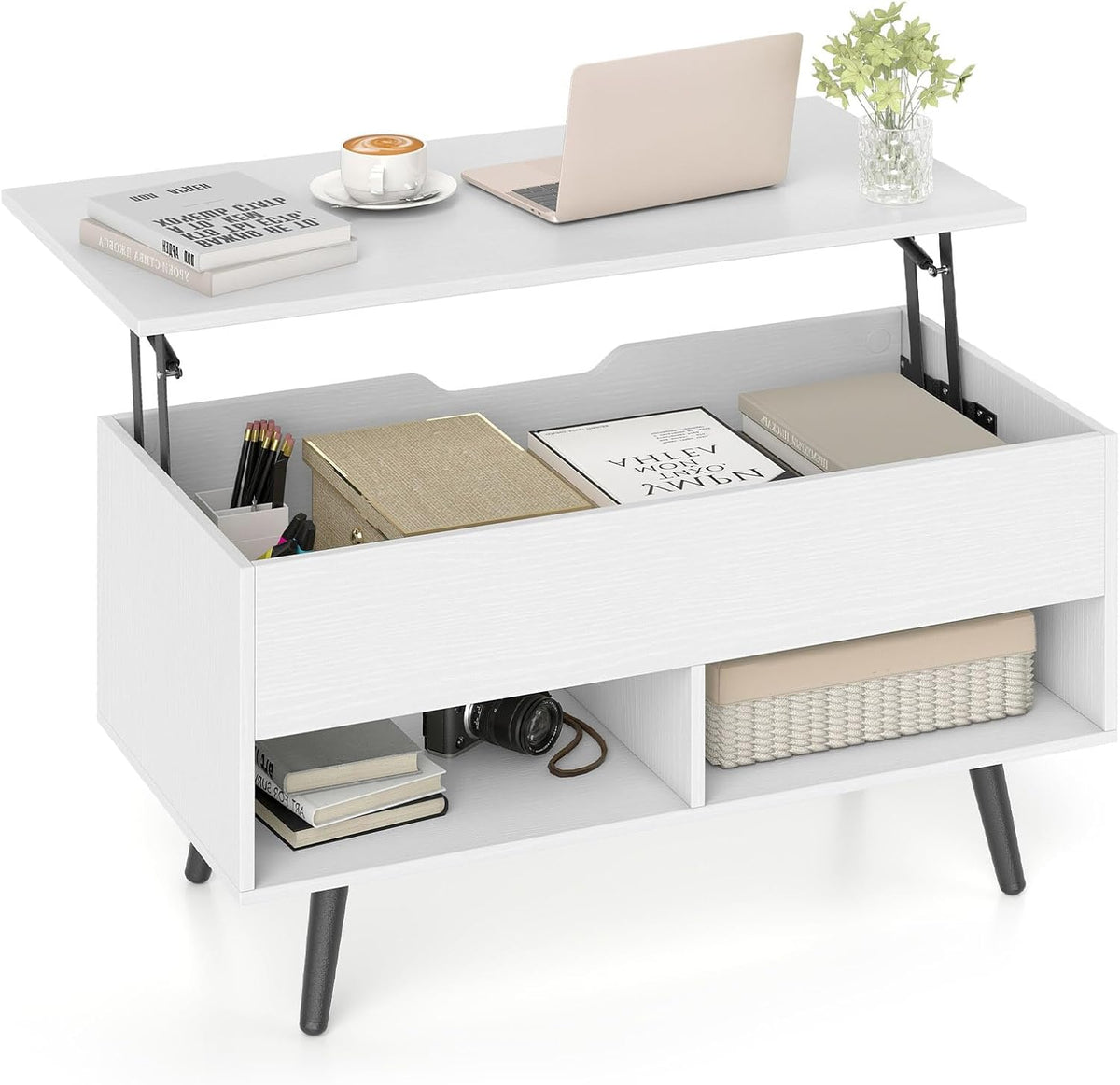 Goflame Lift Top Coffee Table Modern Cocktail Table w/Hidden Compartment & 2 Open Shelves